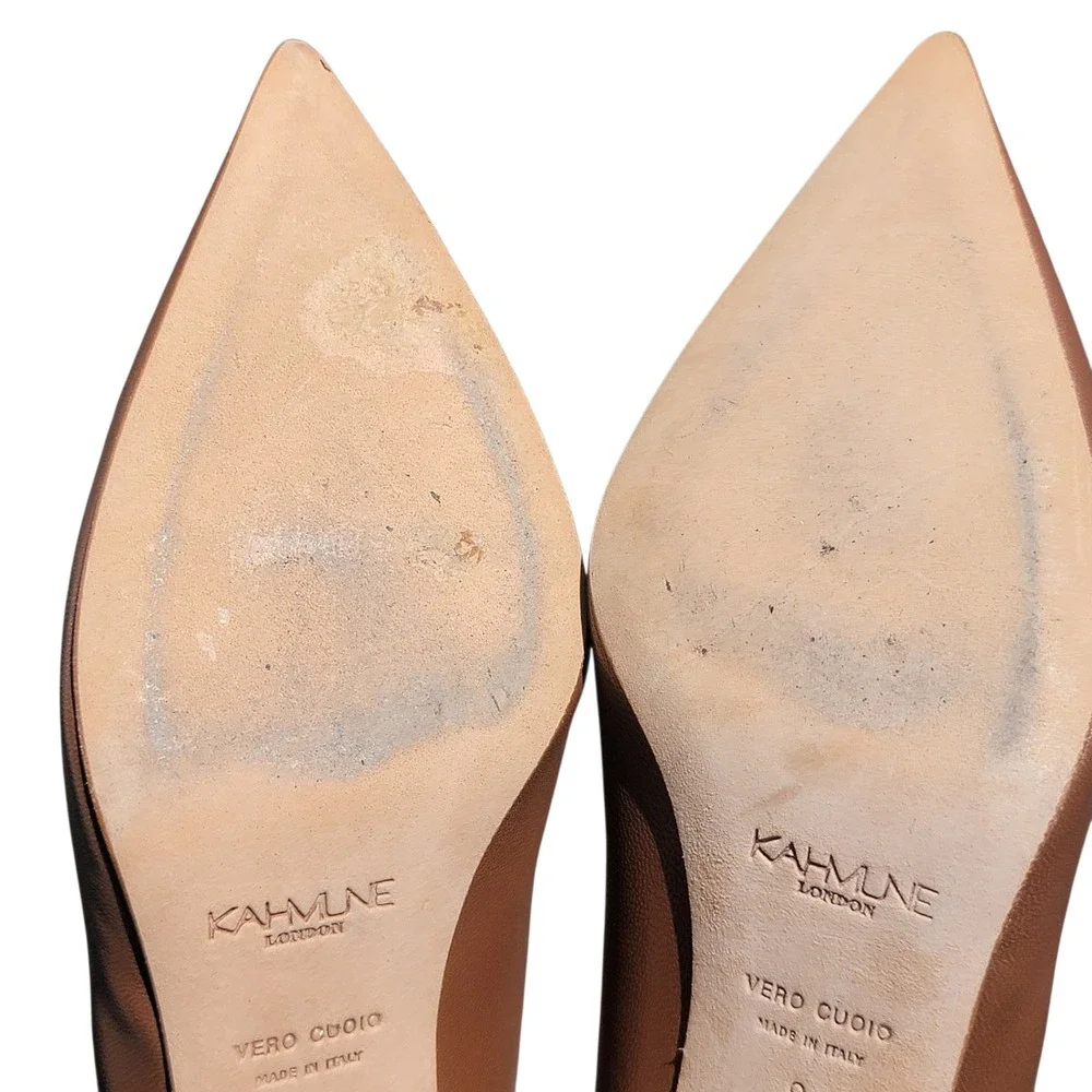 Kahmune London Tan Leather Pointed Toe Kitten Heel Pumps Made in Italy Size 9